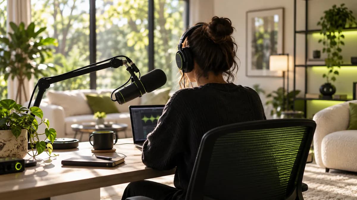 Anonymous creator recording audio in a bright home studio with a boom microphone