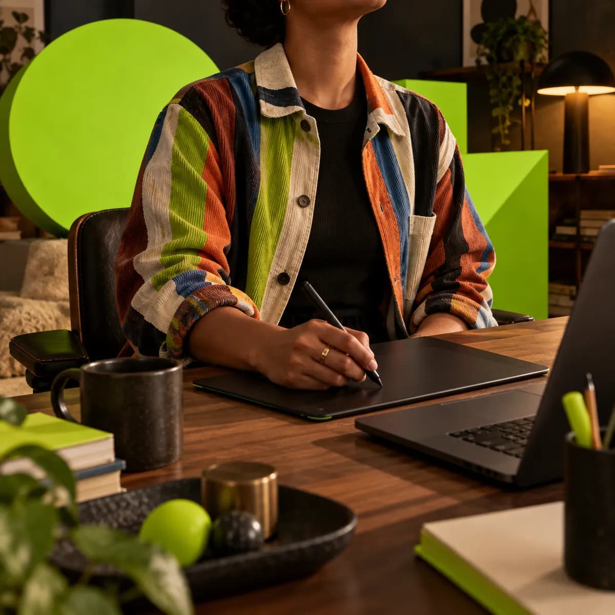 Creator in a colorful studio with a bold lime graphic backdrop