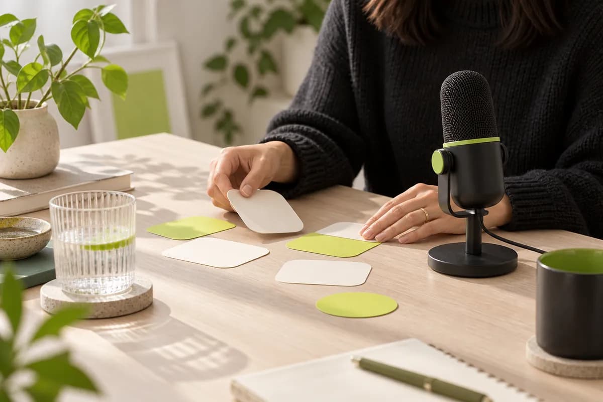 Hands arranging caption cards beside a small microphone in a bright studio