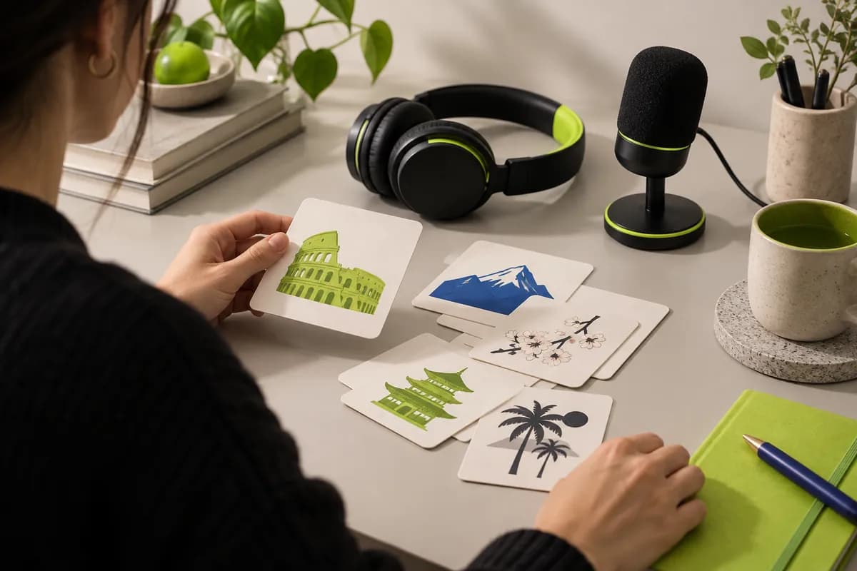 Colorful language cards and a microphone representing multilingual subtitle translation