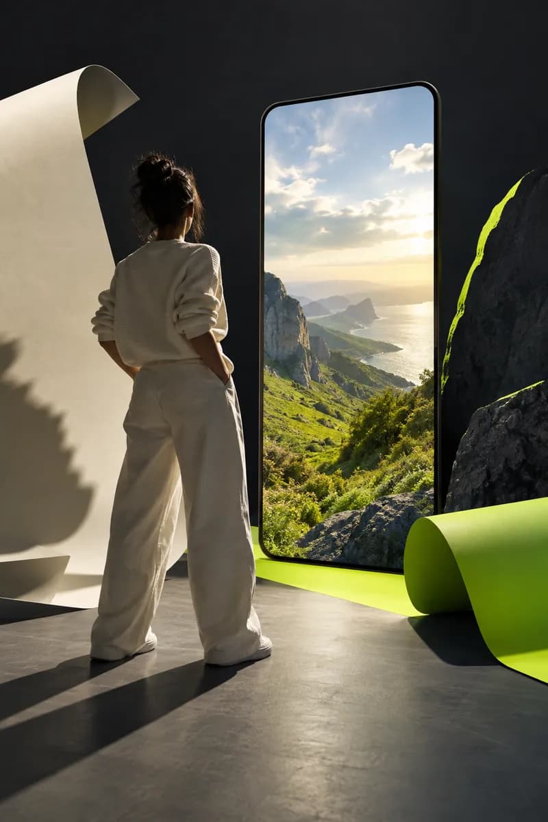 Creator silhouette beside bold abstract caption shapes in a vertical video studio