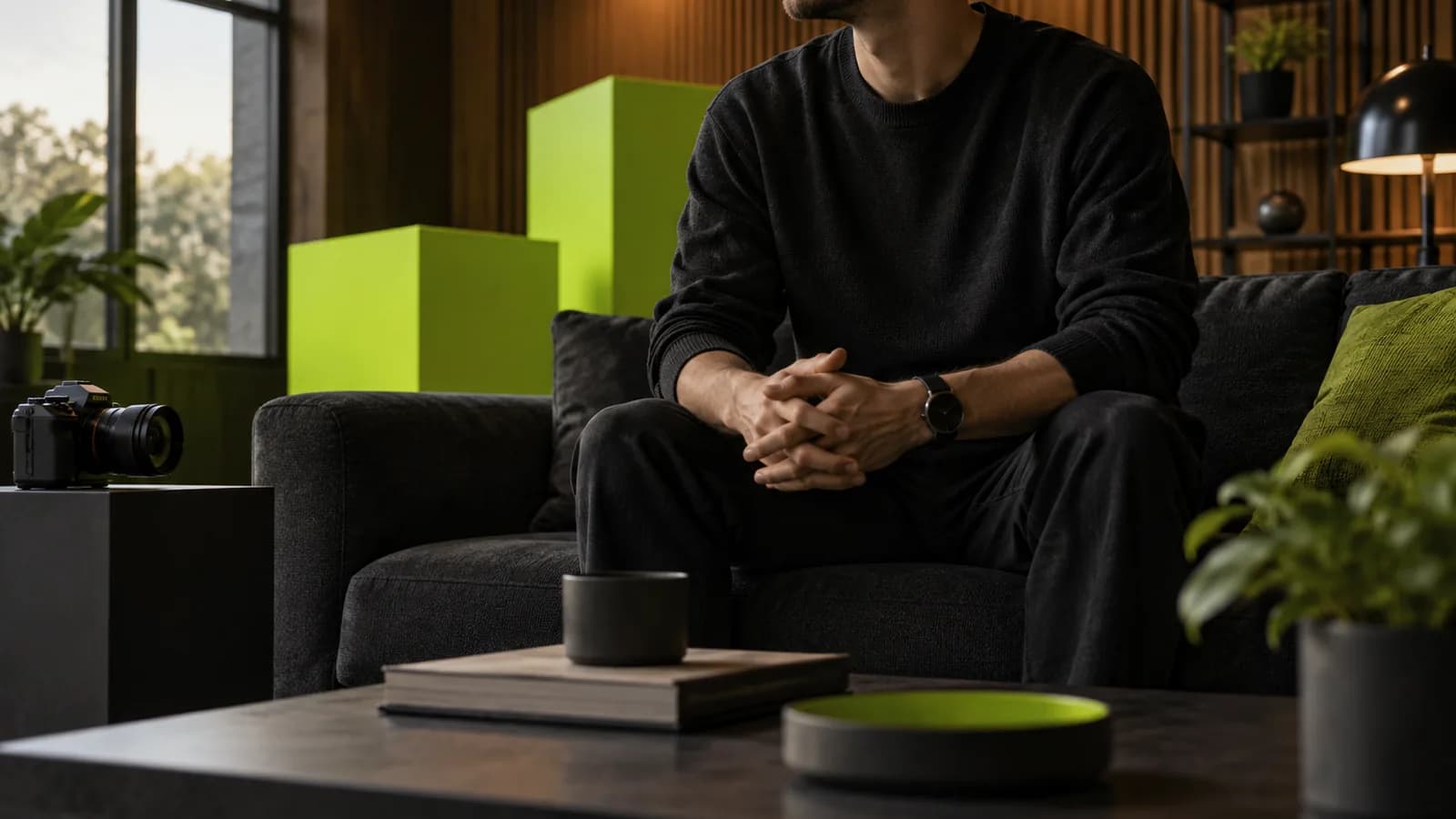Creator working in a warm studio with bold lime visual accents