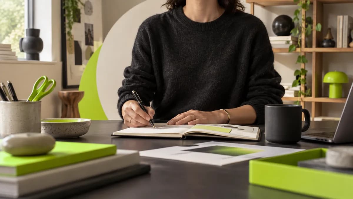 Editorial video studio scene with a creator demonstrating expressive caption styles