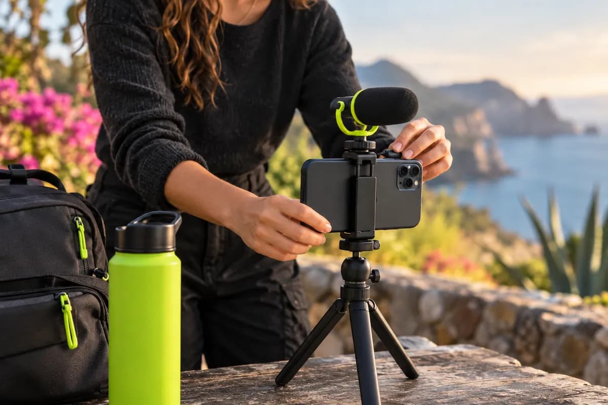 A creator cropped below the chin preparing a social video with a bright lime accent