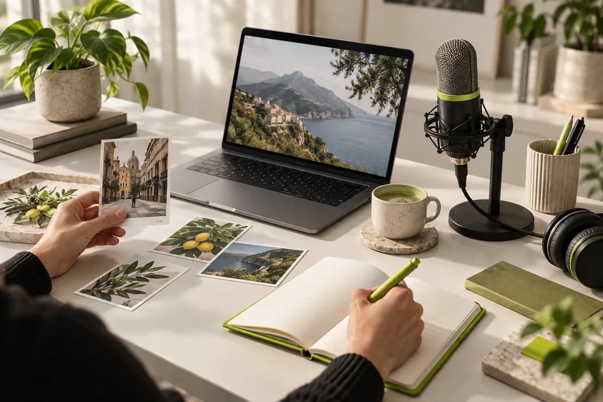 Hands working beside a laptop and microphone in a clean multilingual video workspace