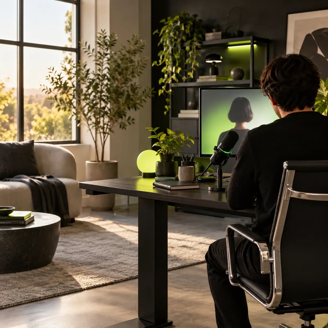 A stylized avatar production studio with a presenter silhouette, soft daylight, and lime accent lighting