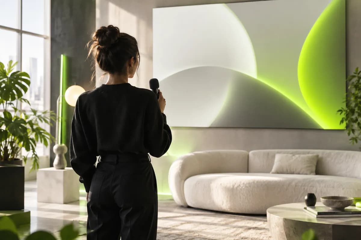 A cinematic preview of a digital presenter workflow in a bright creative studio