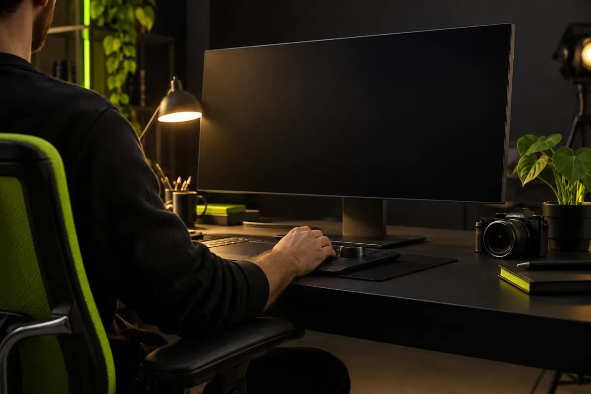 A creative studio scene with a video editor working from one unified workspace