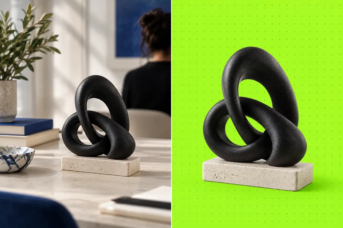 Abstract loop sculpture shown against a clean split background with a lime half