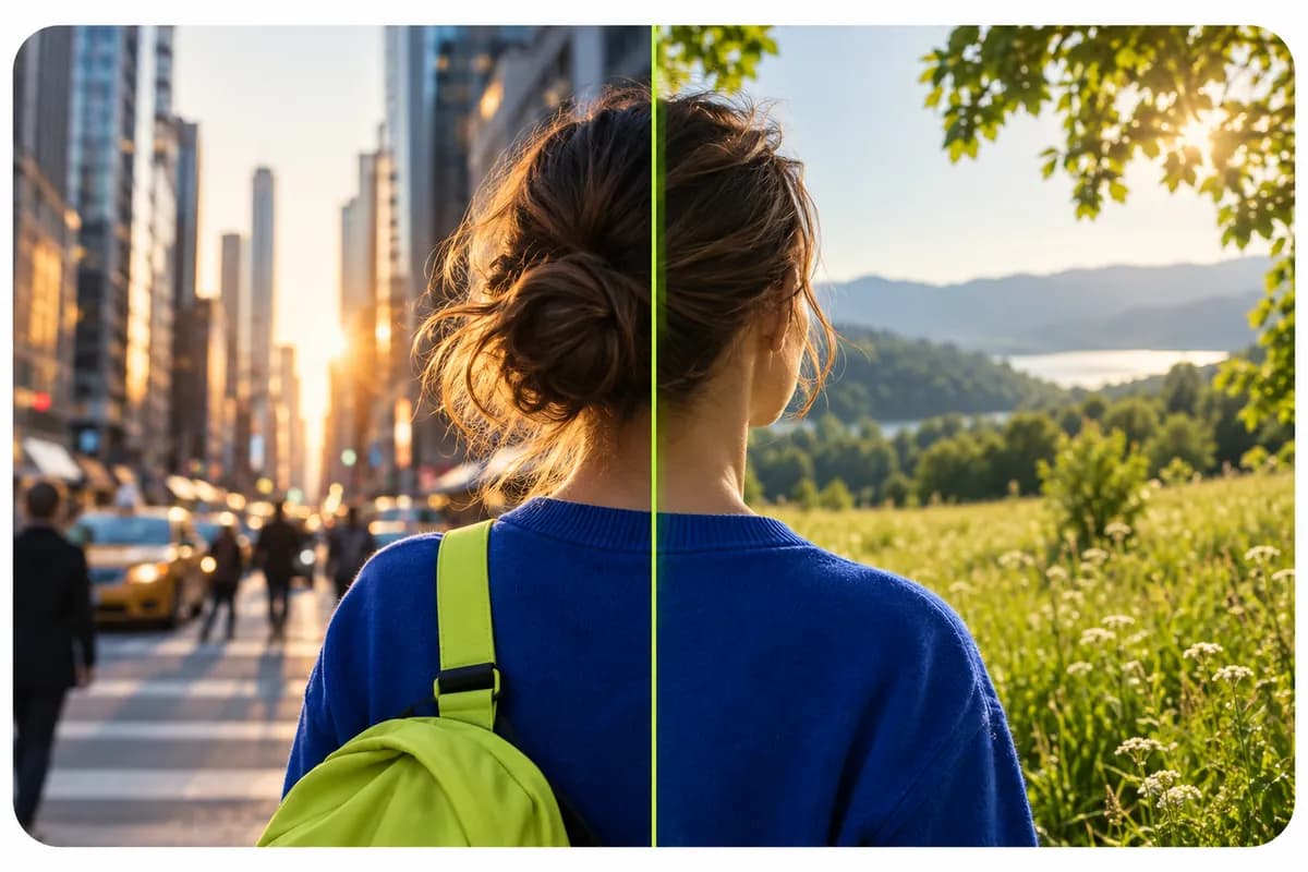 Before-and-after portrait scene with a city street replaced by a quiet green field