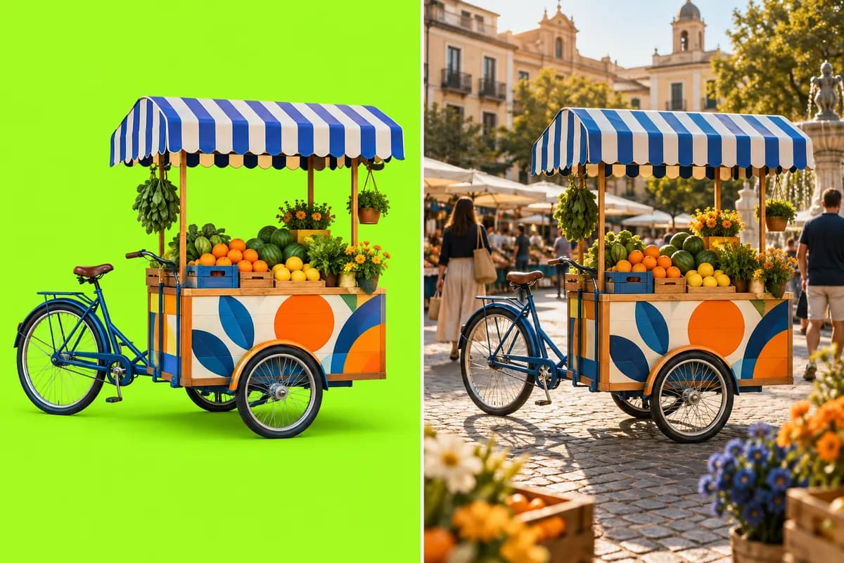 Colorful market cart isolated from a busy street scene against a lime background