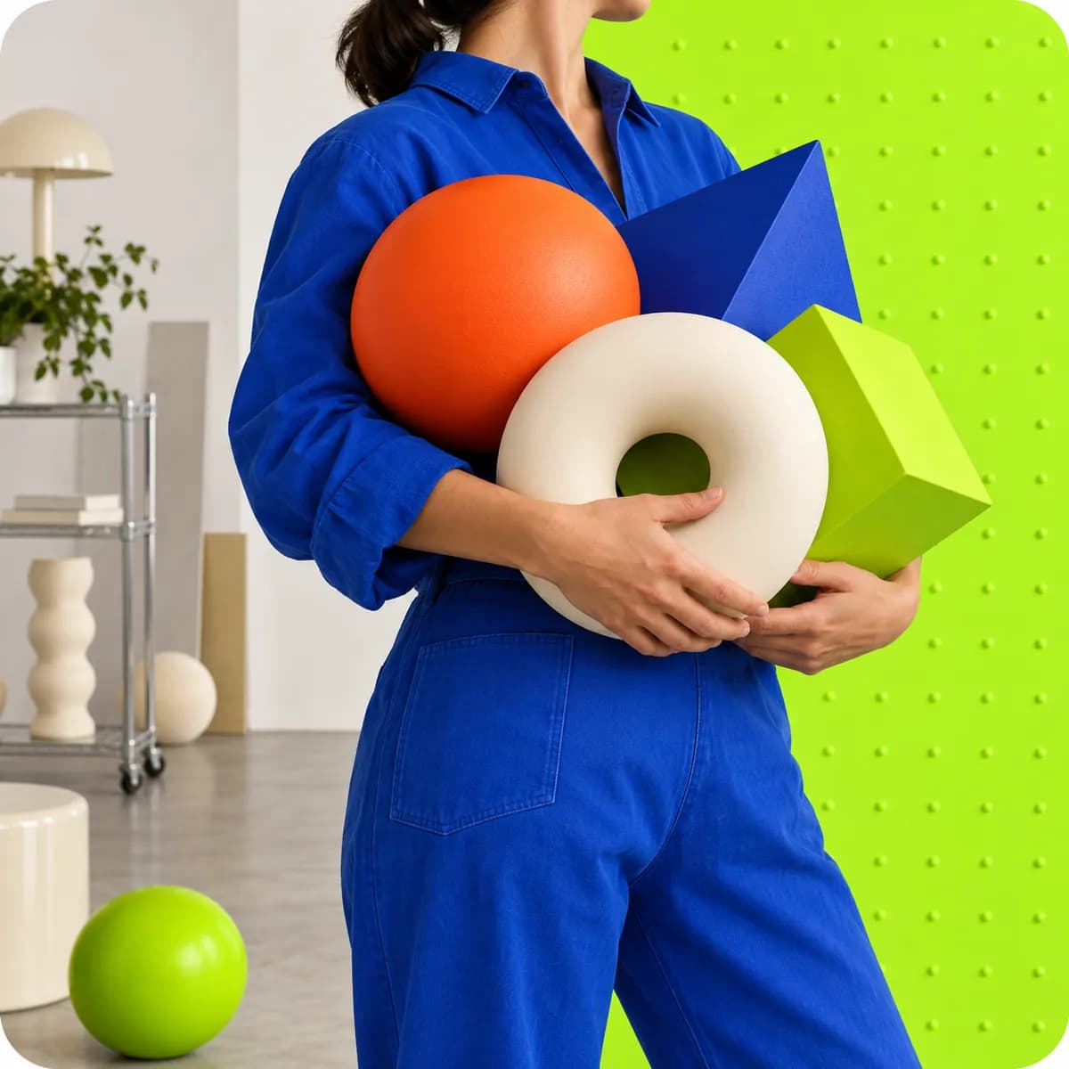 Colorful cropped studio figure holding abstract shapes against a lime background