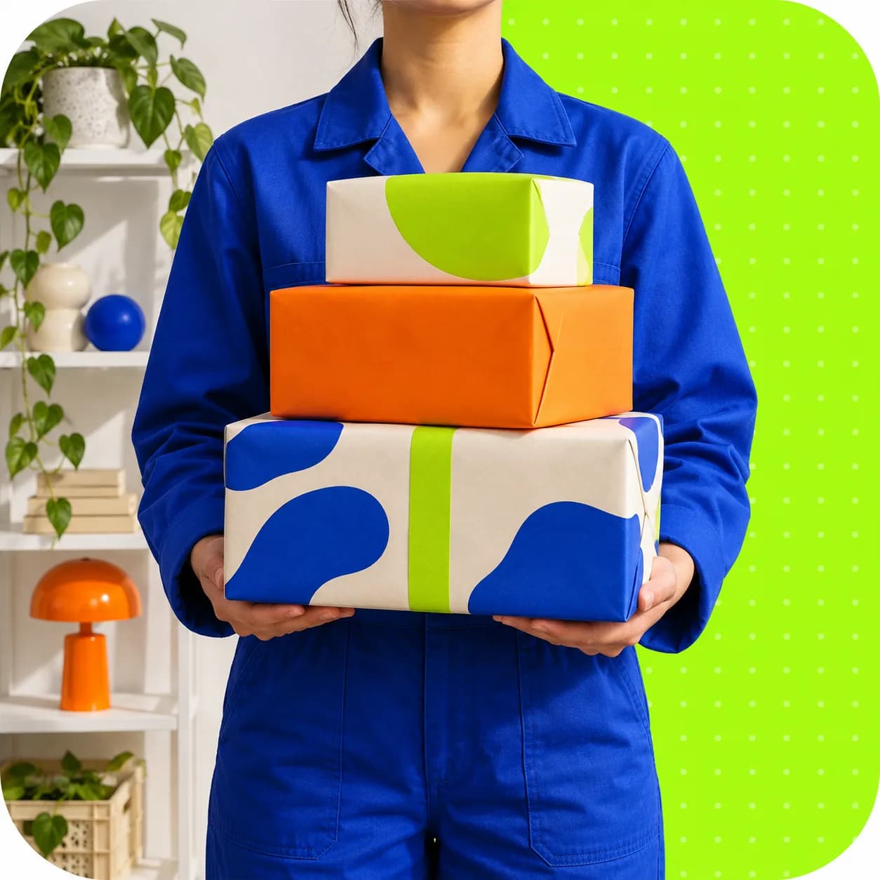 Playful before-and-after background removal scene with colorful parcels and a vivid lime backdrop