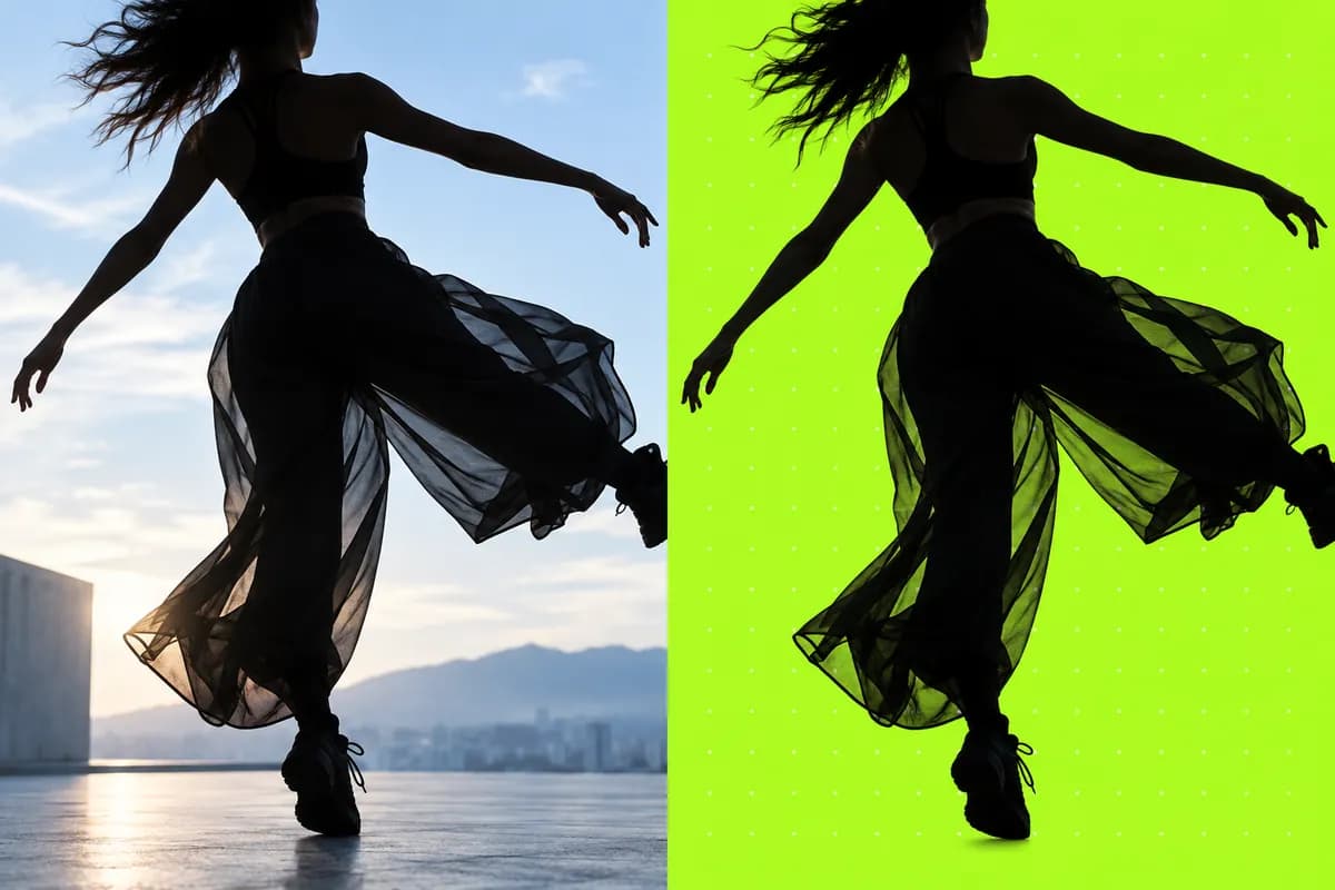 Cinematic split-screen demonstration of removing a background from a moving silhouette