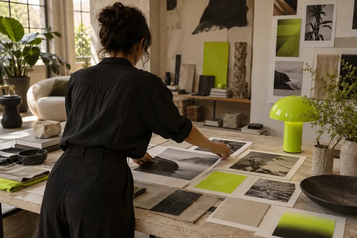 Creative studio still life with a fictional creator planning an image edit beside printed color studies