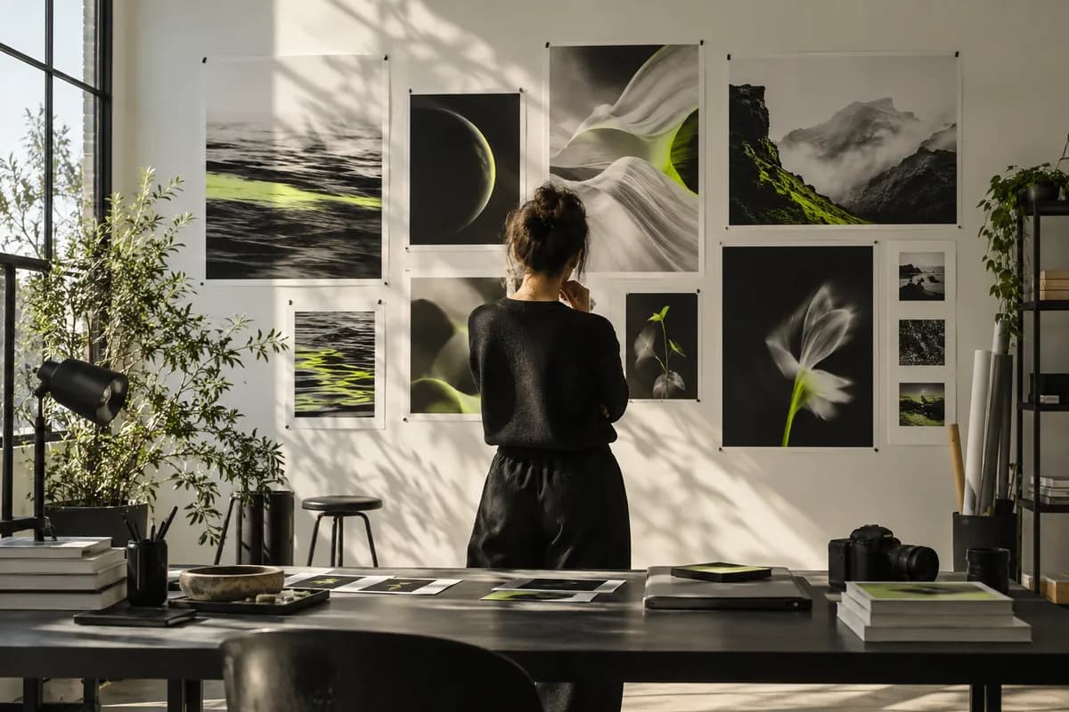 Fictional creator viewed from behind comparing several abstract image variations on a studio wall