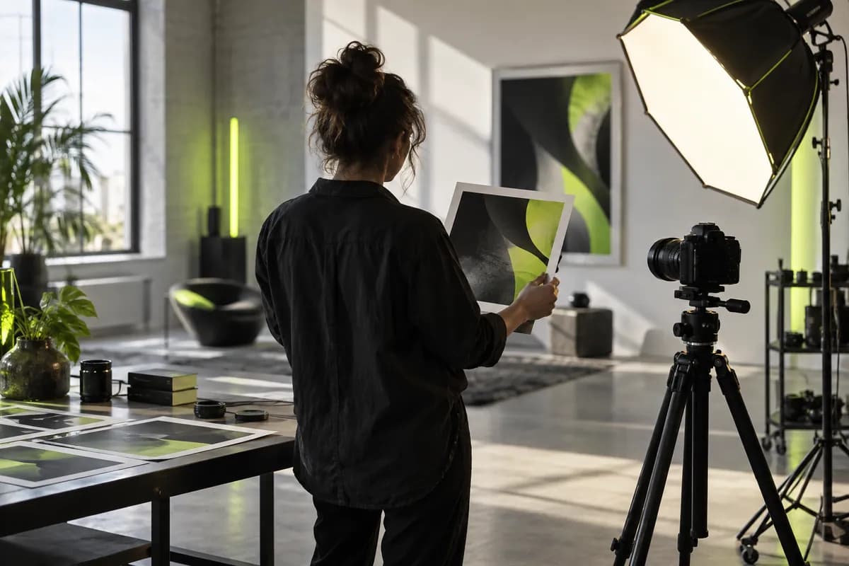 Fictional creator in a bright studio preparing a still image for a video project