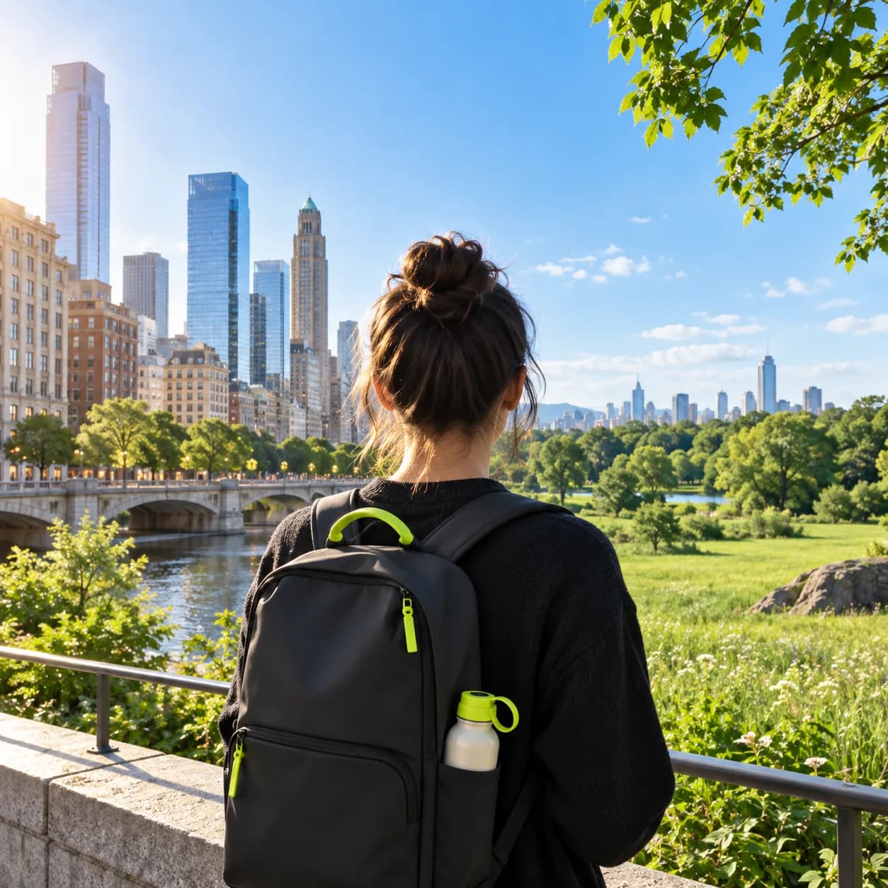 Bright editorial scene of a creator viewed from behind at the edge of a city park and meadow