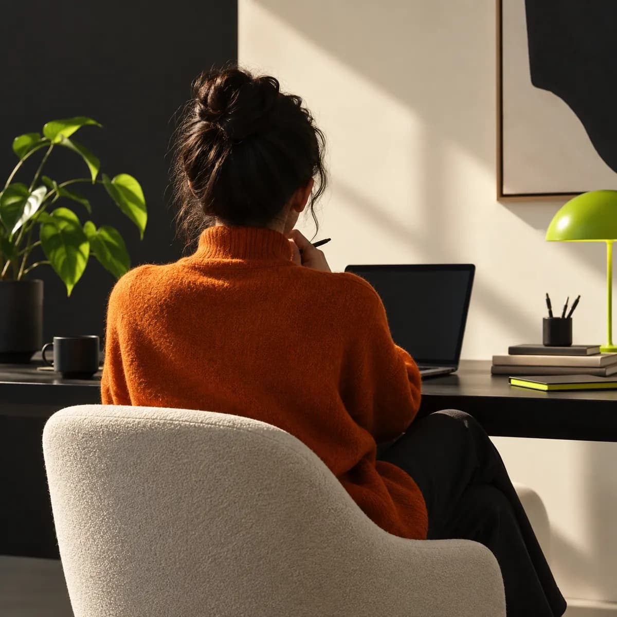 Anonymous cropped creator silhouette in a warm orange and charcoal composition