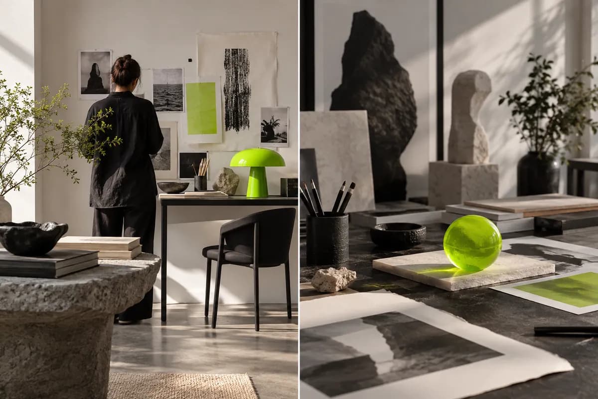 Abstract creative studio scene with layered image studies and a lime-highlighted focal object