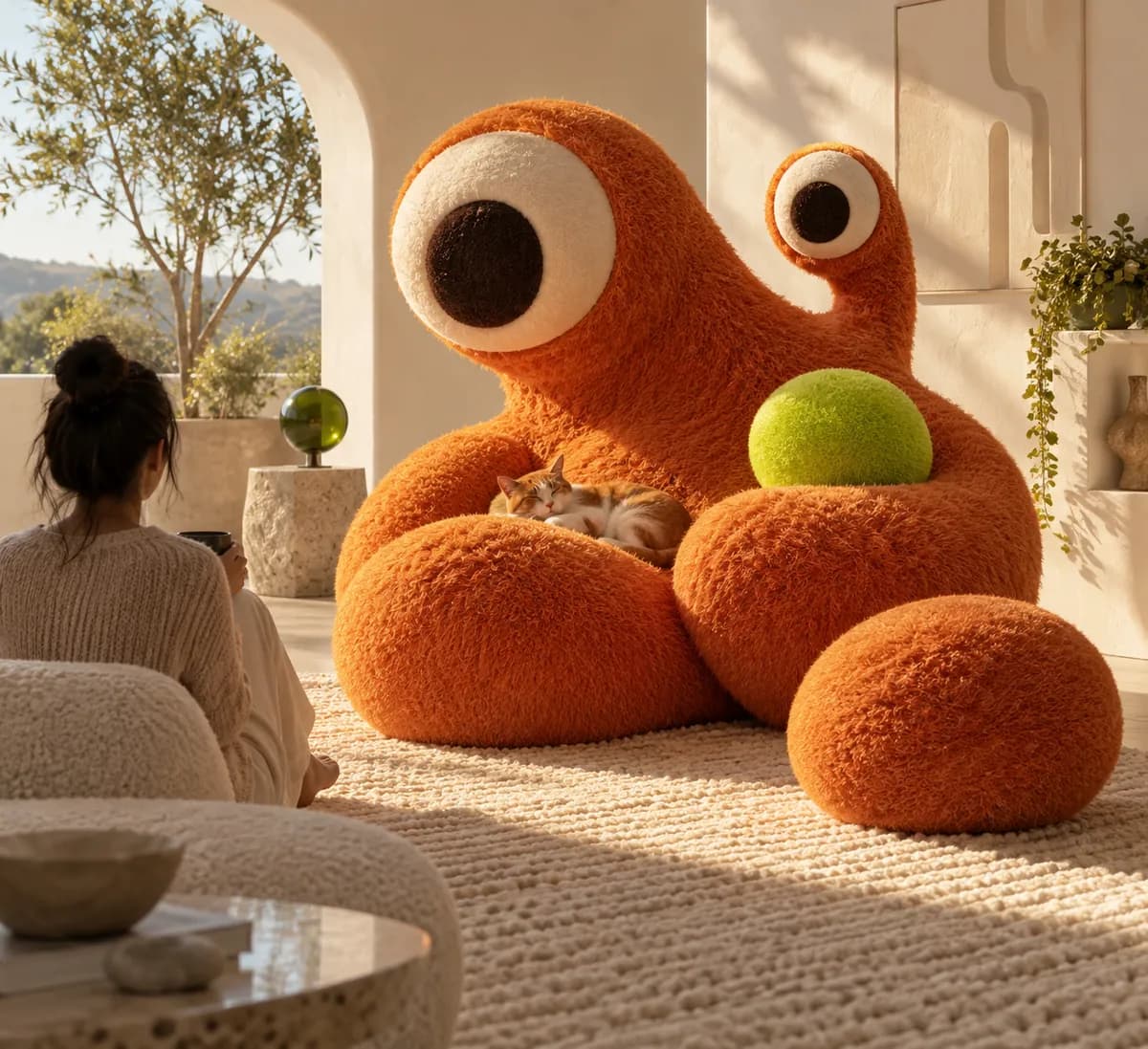 Surreal orange sculptural character form in a warm room with a bright lime accent
