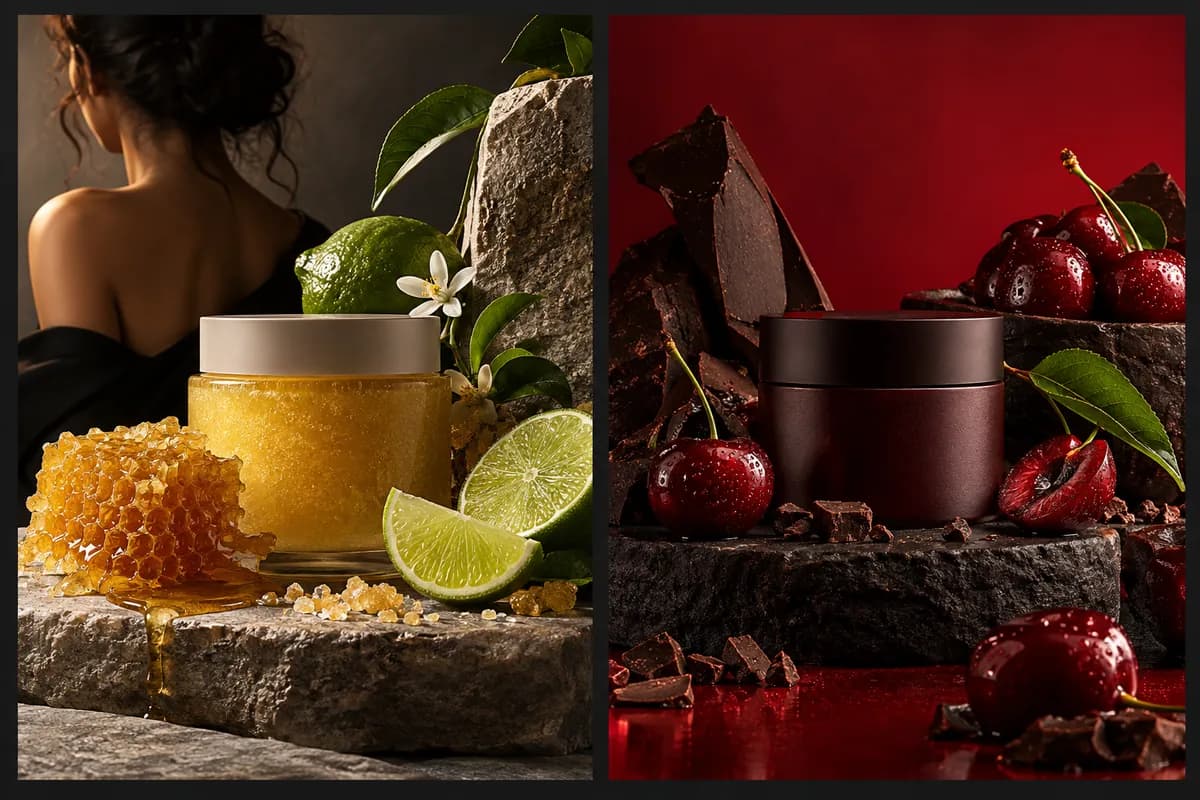 Two dramatic food-inspired product still lifes arranged as campaign-ready graphic compositions