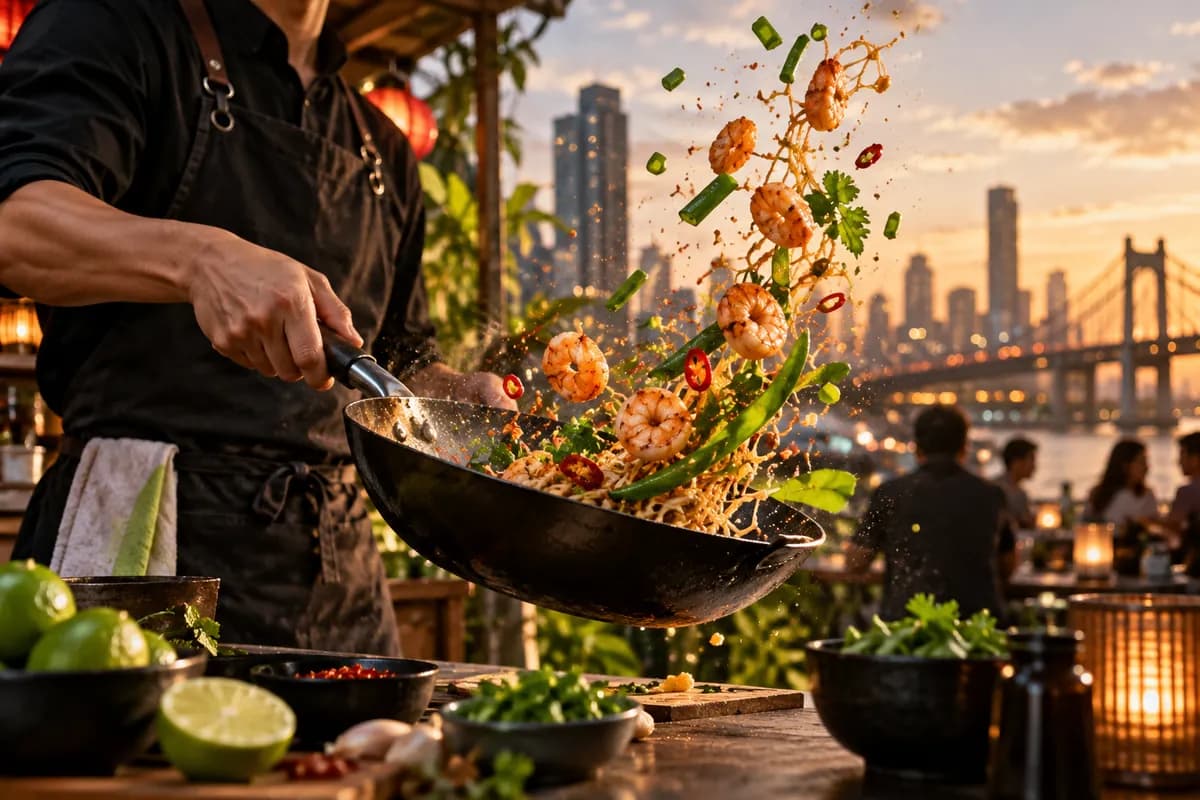 Dynamic editorial food scene with a cropped presenter silhouette and motion-filled ingredients
