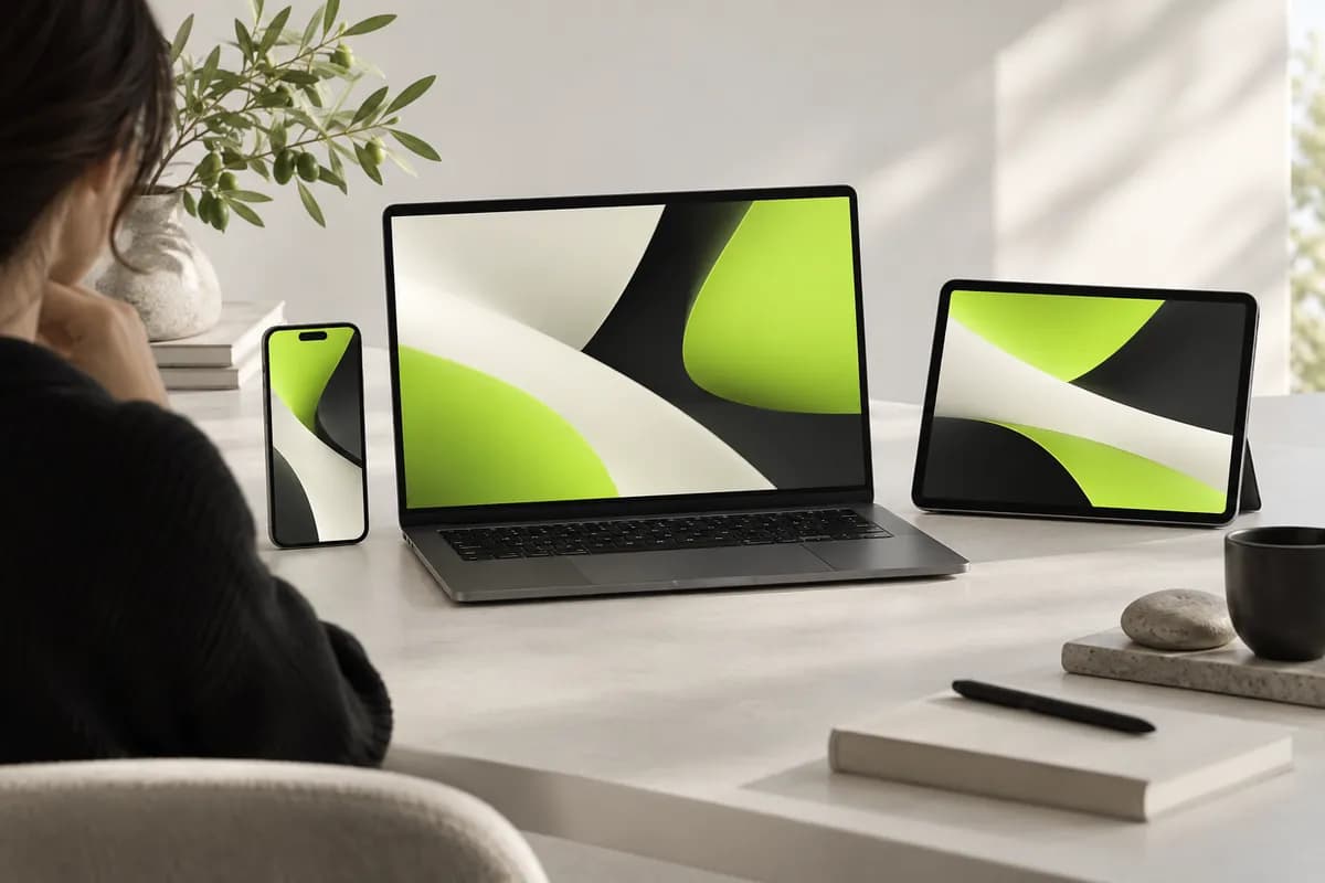 Laptop, tablet, and phone arranged together to suggest a unified creative editing workflow