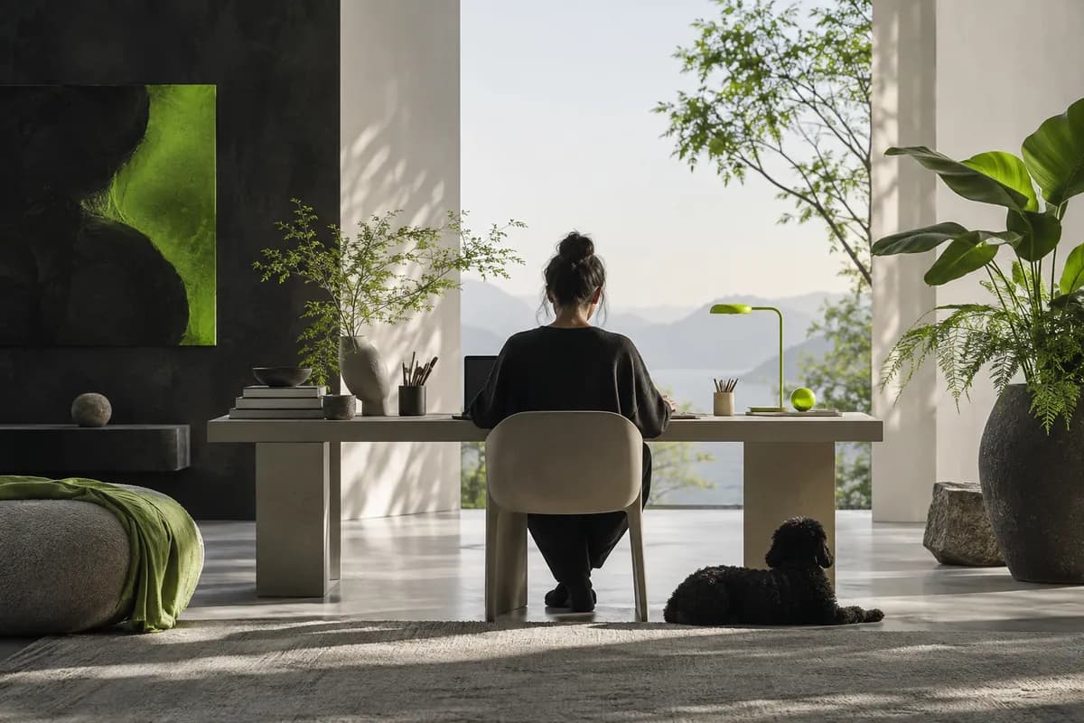 Creative workspace with a cropped creator silhouette, botanical color fields, and a bright lime image-generation concept