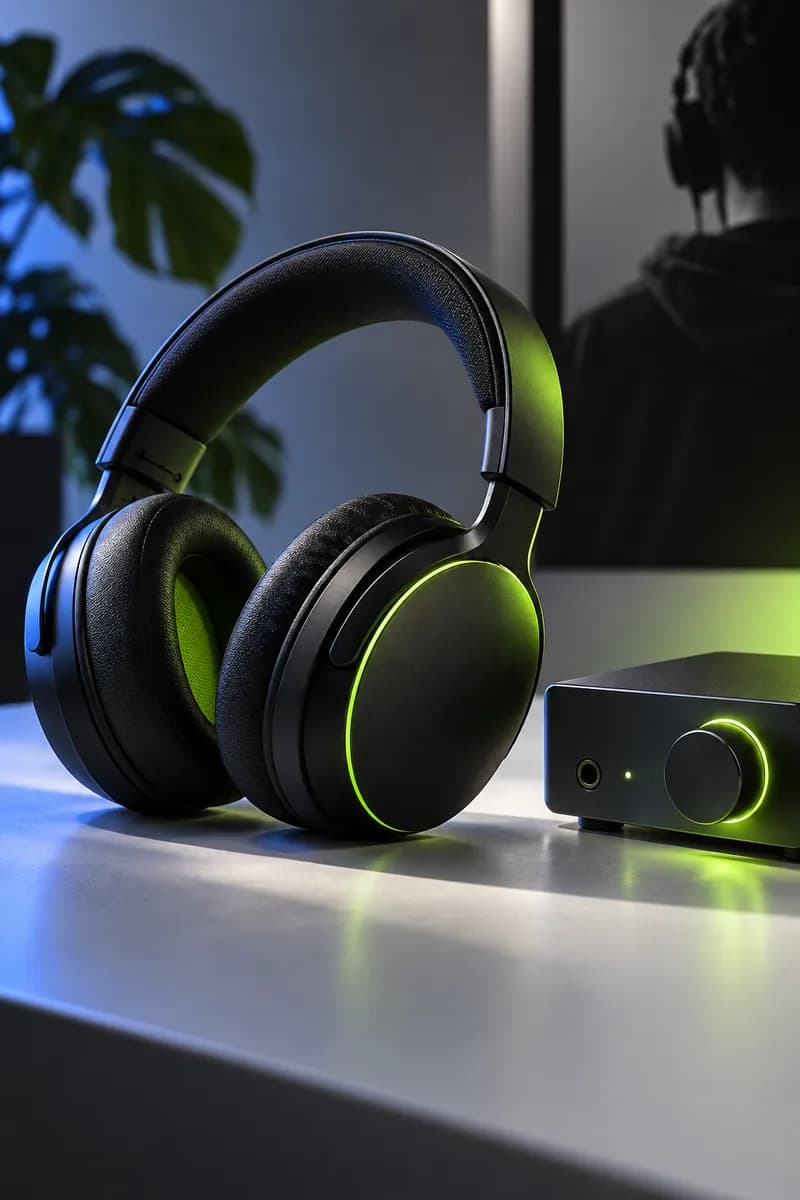 Cinematic close-up of studio headphones beside colorful light