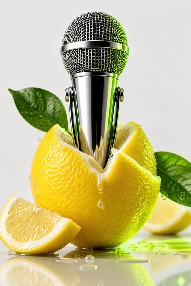 Bright yellow citrus object with a polished metallic microphone