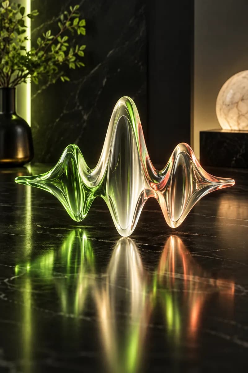 Colorful abstract sound sculpture on a dark reflective surface