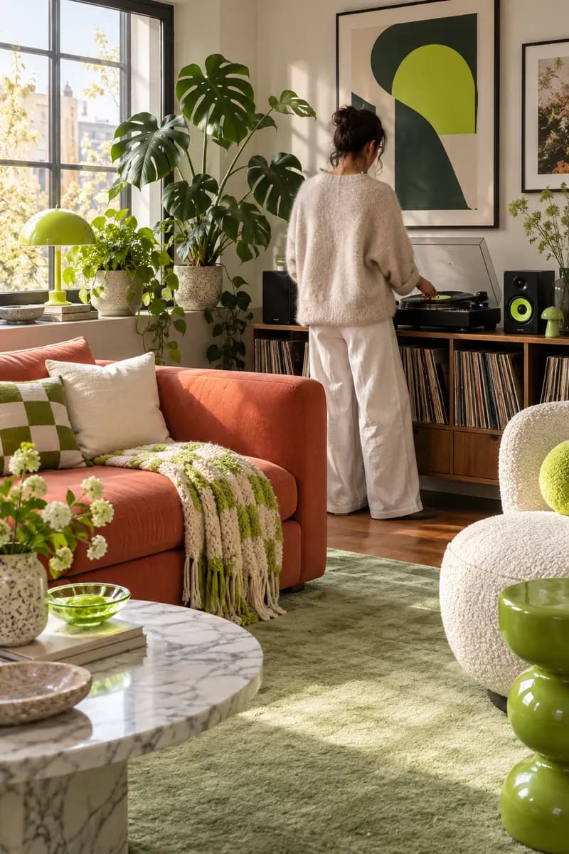 Colorful living room with a person seen from behind near a record player