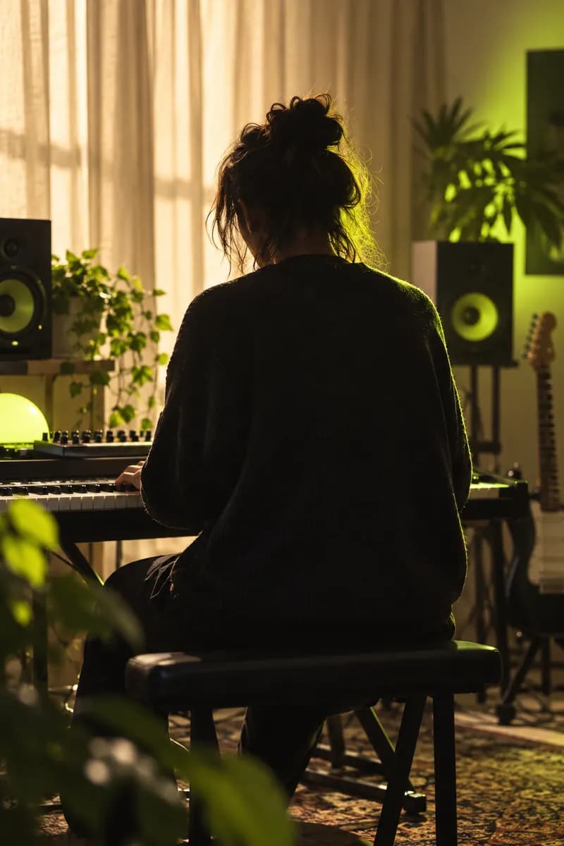 Backlit musician seen from behind in a rehearsal room
