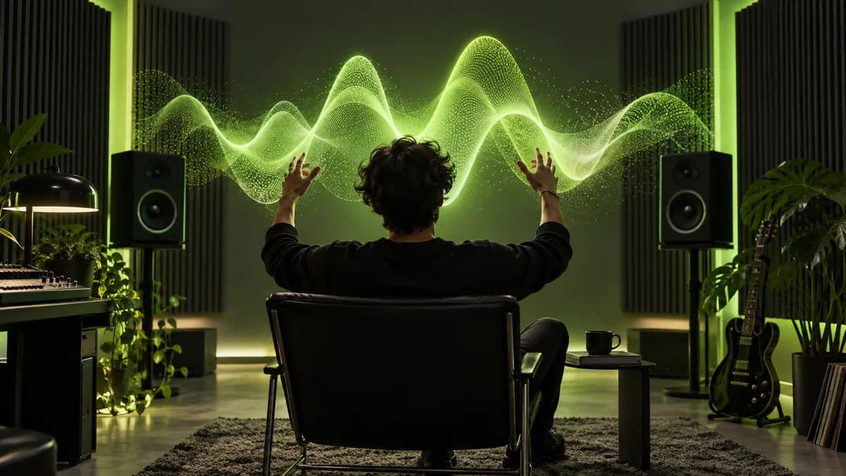 Wide studio portrait of a creator seen from behind surrounded by green light