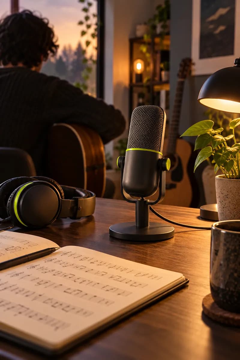 Warm home recording scene with a microphone and notebook