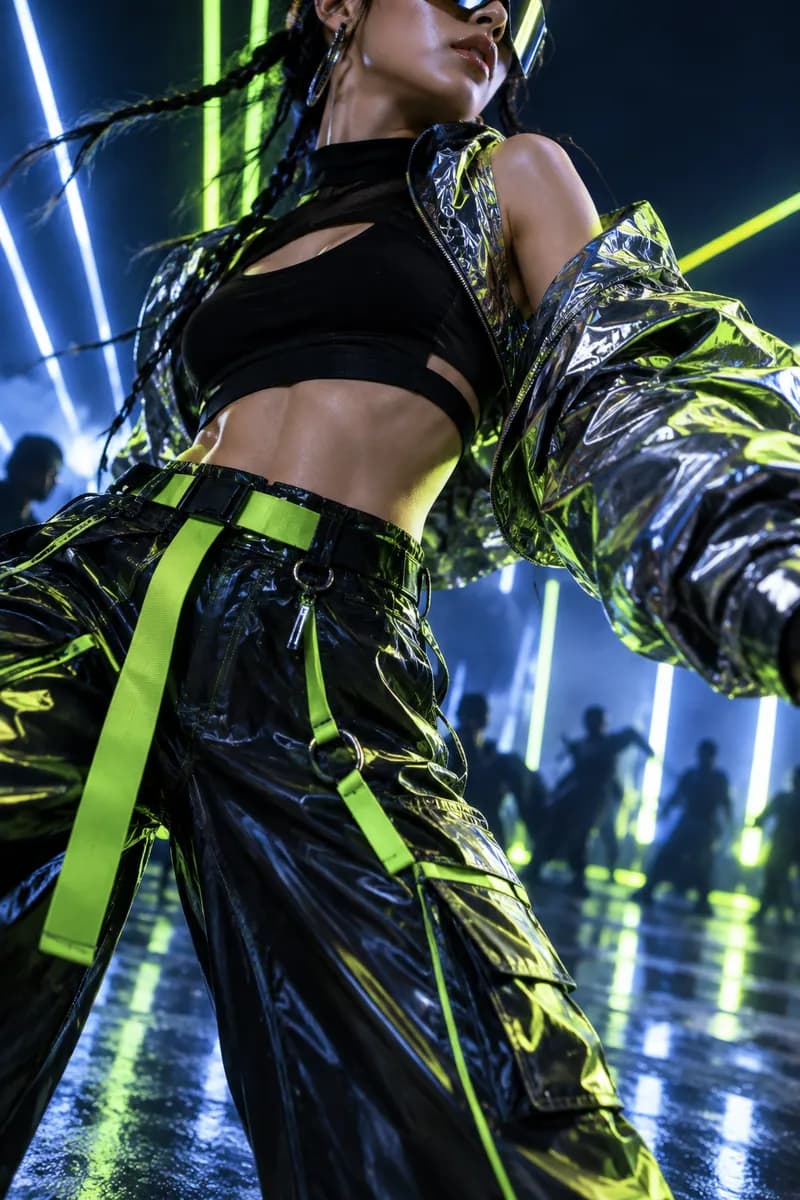 Futuristic performer silhouette with reflective eyewear and colored light