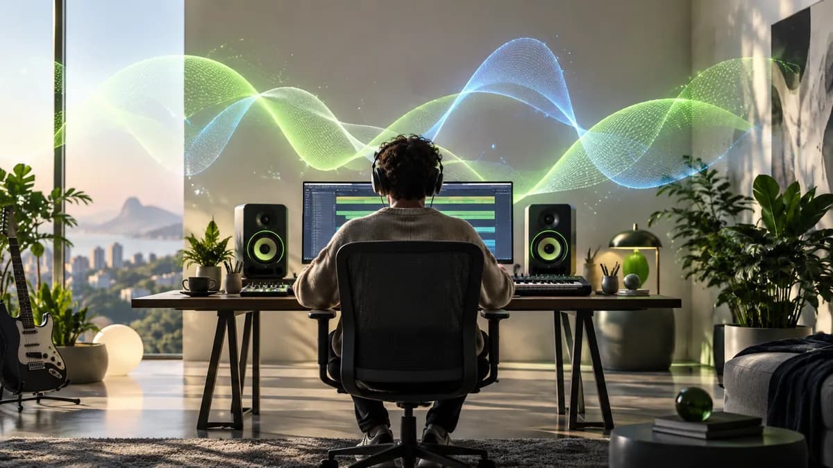 Back view of a music creator working in a softly lit studio surrounded by abstract waveforms