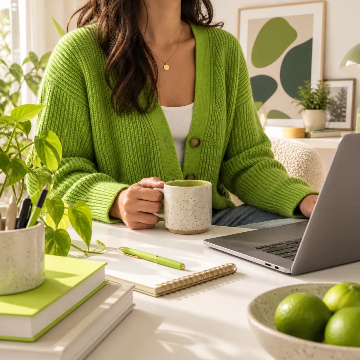 Cropped creator in a bright green cardigan presenting a video concept in a home studio