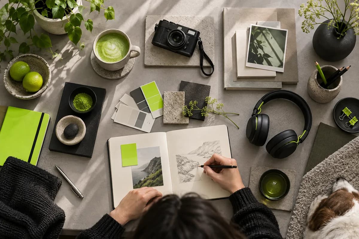 Overhead creative workspace with a product setup and video planning materials