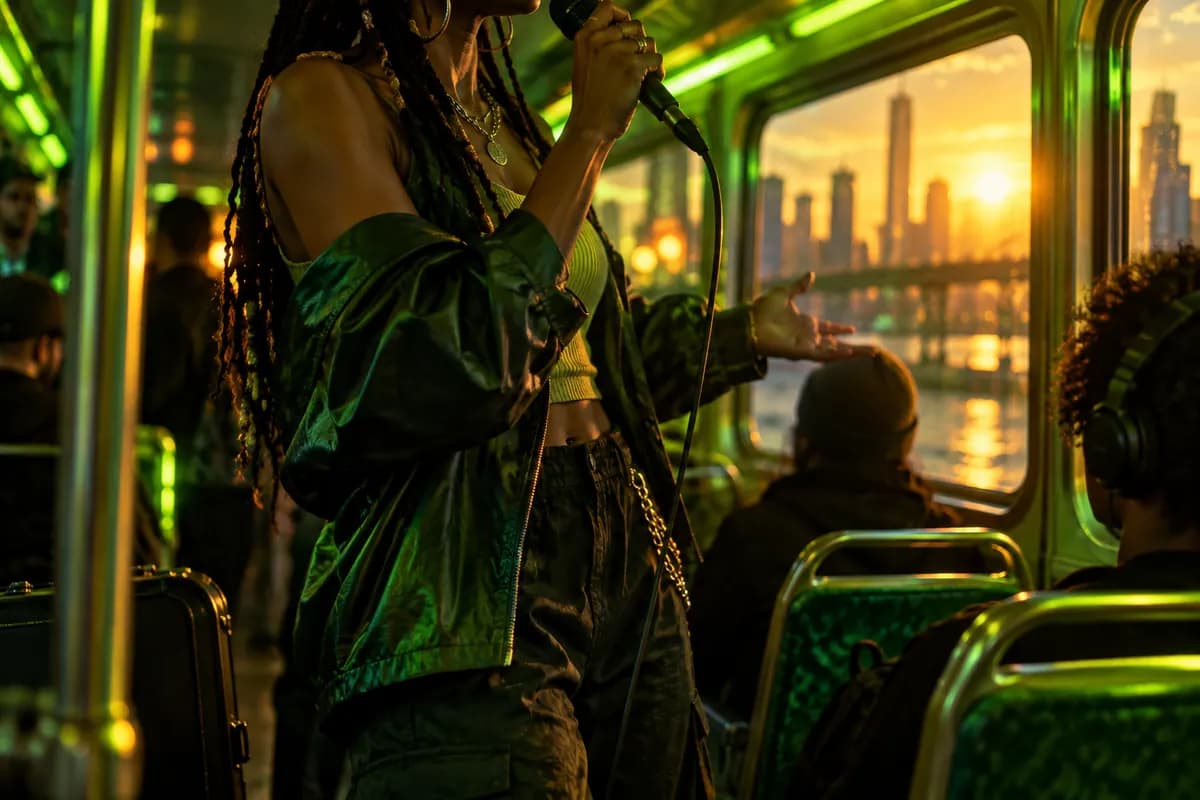 Cropped performer in a vivid transit setting representing an AI movie maker