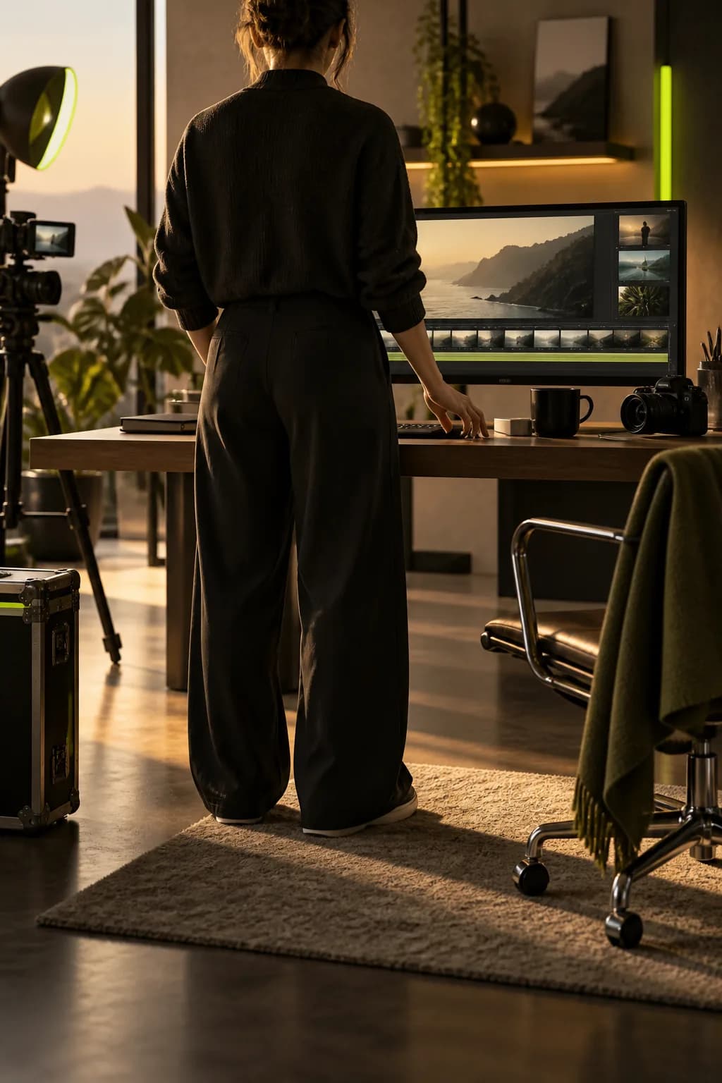 Editorial studio scene with a cropped creative figure surrounded by warm light and lime accents