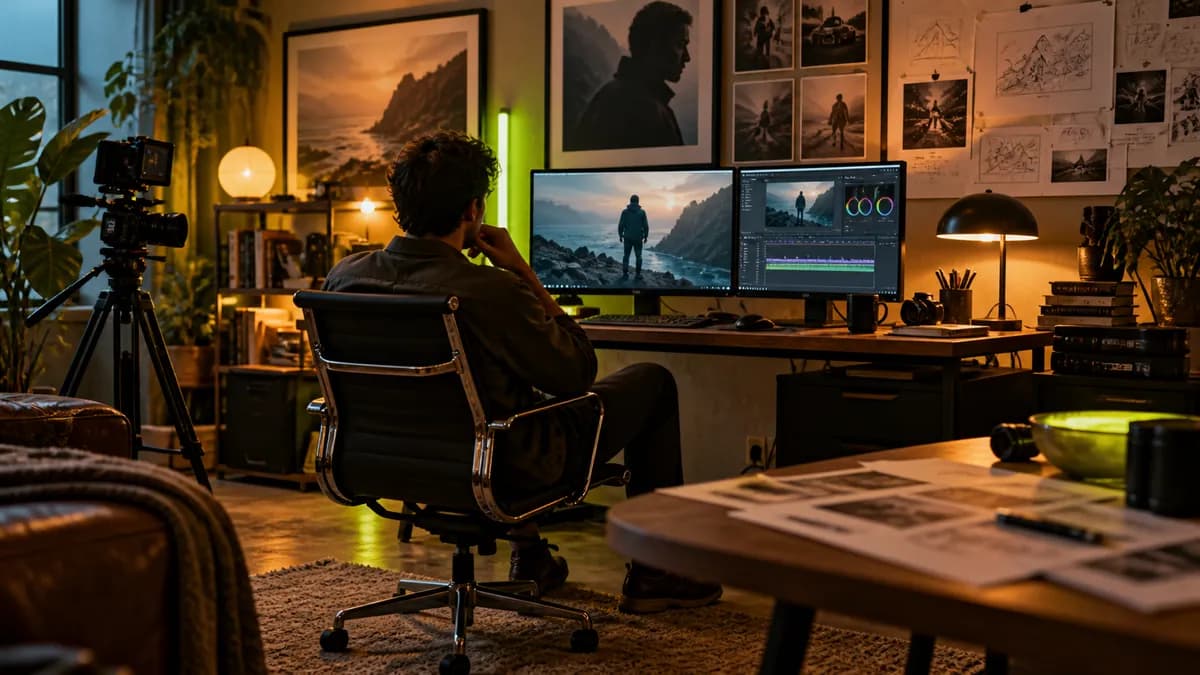 Warm creative studio with a cropped filmmaker preparing an AI video concept