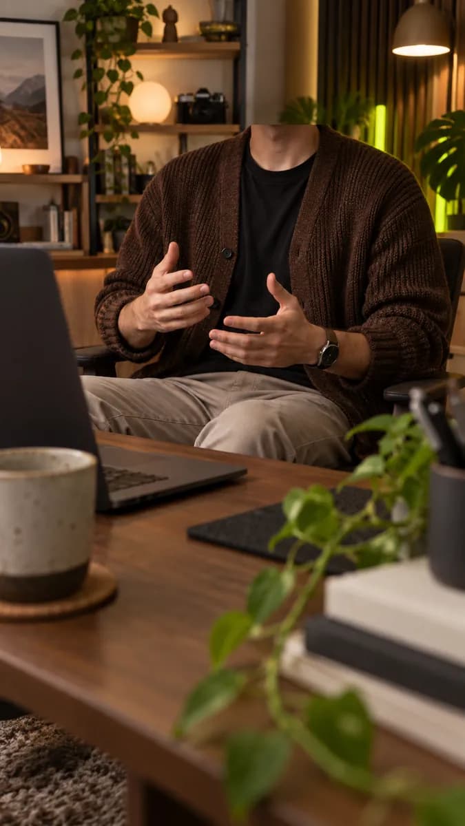 Warm creator tutorial scene with a cropped person seated in a home studio