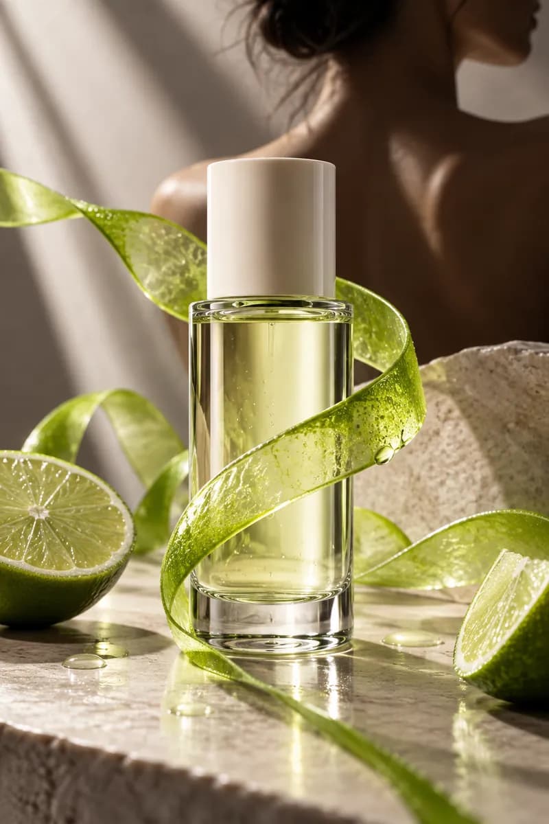 Macro beauty product scene with lime highlights on a neutral background