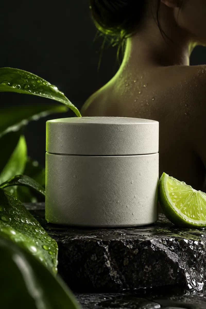 Close product review composition featuring a textured skincare container