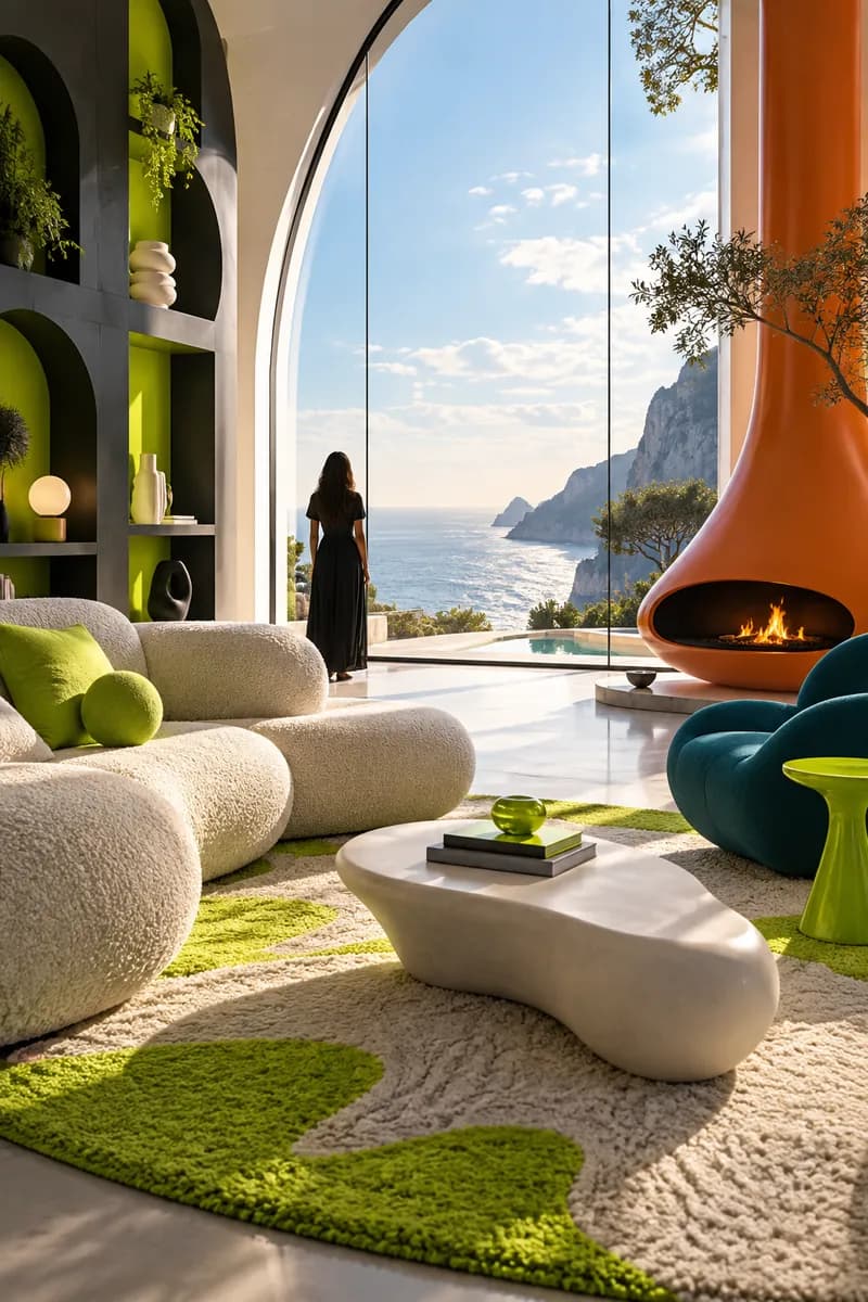 Surreal interior scene with a small figure seen in silhouette beside colorful furniture