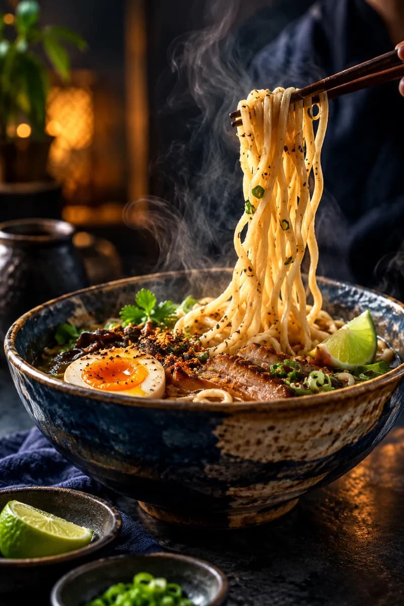 Dynamic food advertisement close-up with chopsticks and a ceramic bowl