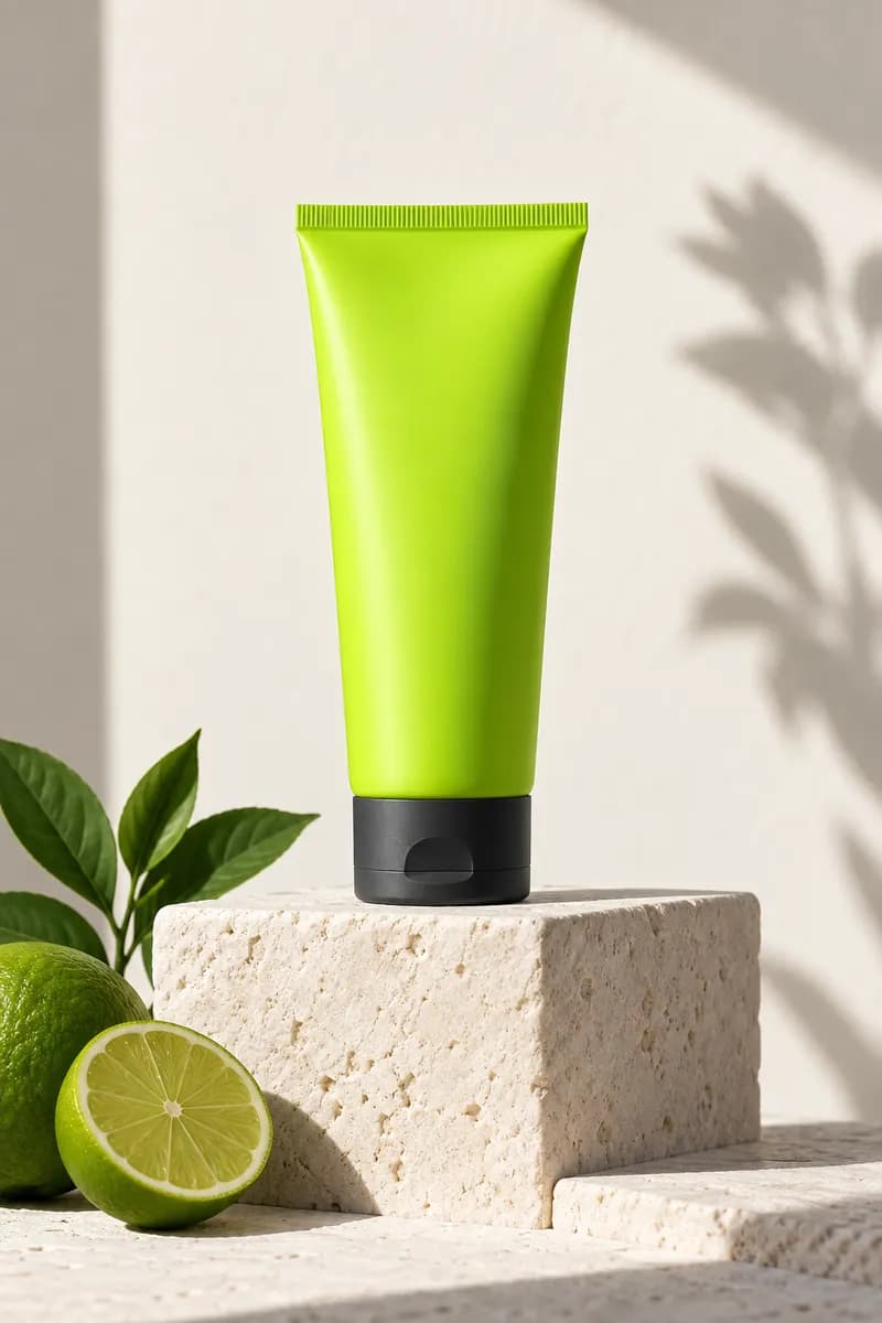 Minimal product still life with a lime-colored cosmetic tube on a stone pedestal