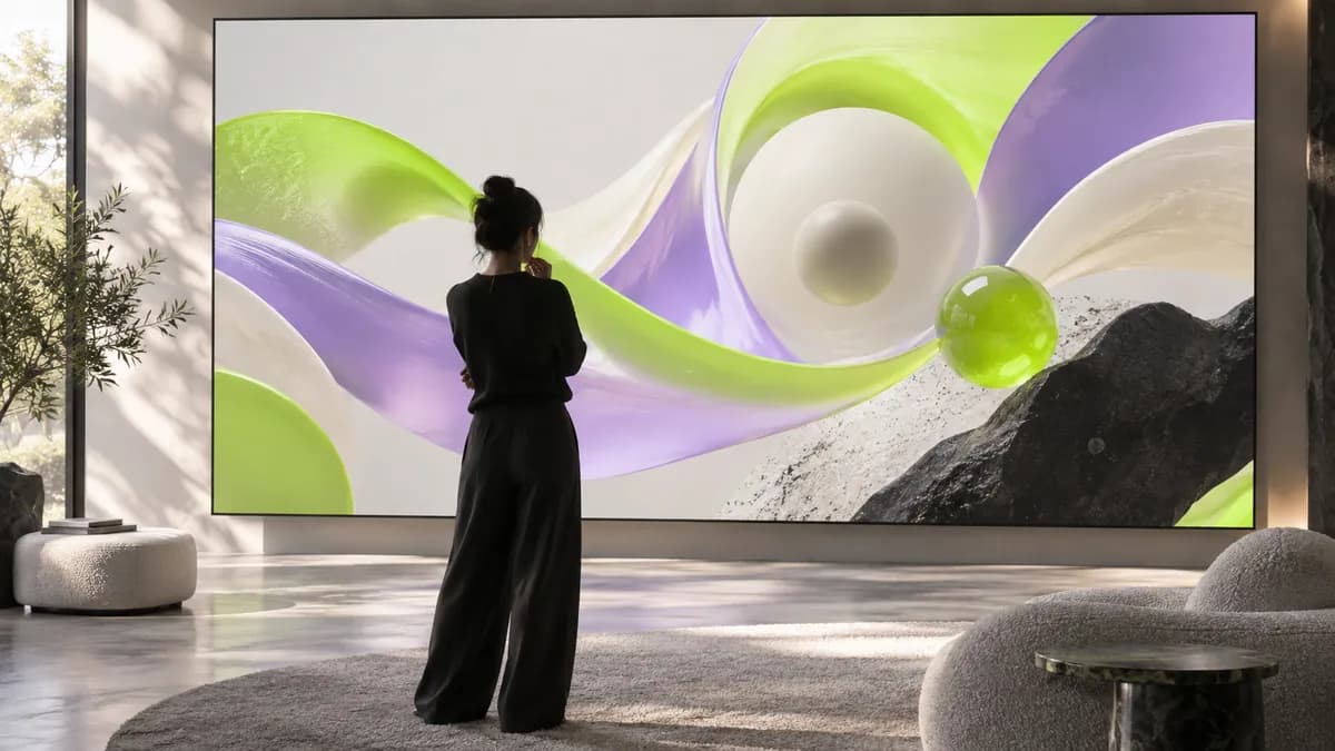 Abstract cinematic video creation walkthrough shown on a neutral studio screen